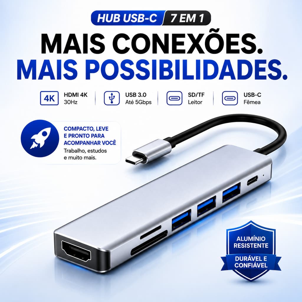 Hub USB 3.0 7 em 1 USB C HDMI 4K Leitor SD TF Adaptador Tipo C Notebook MacBook