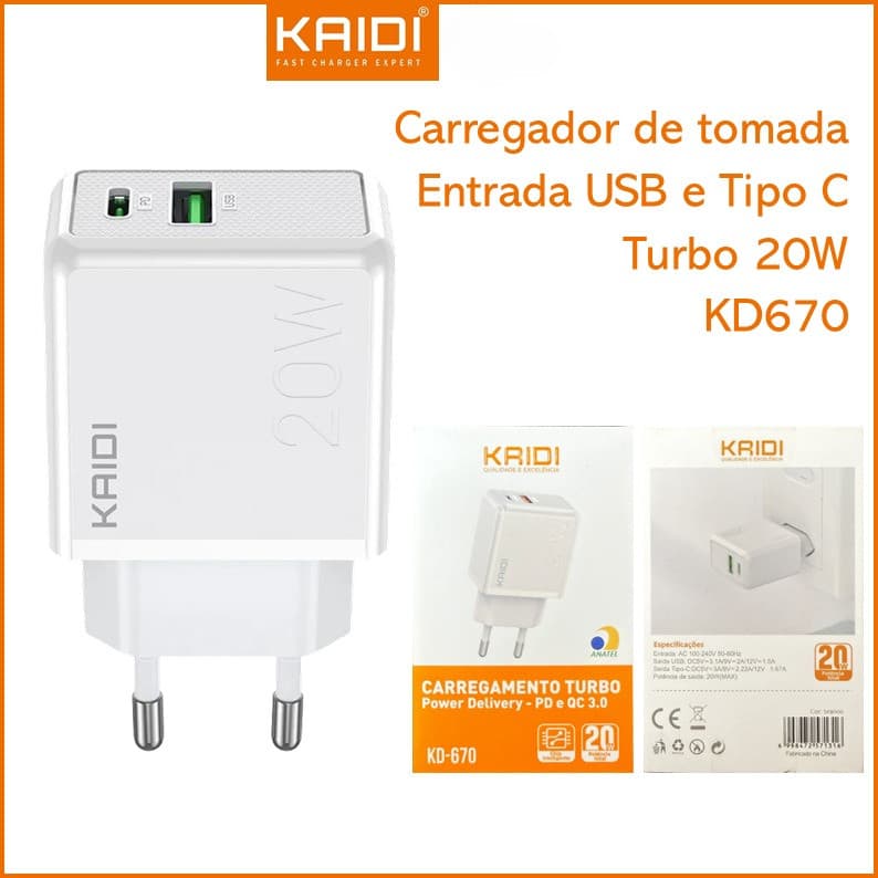 Carregador de Tomada Fonte de Carregamento Turbo 20W com entrada Tipo-C e USB KAIDI KD-670