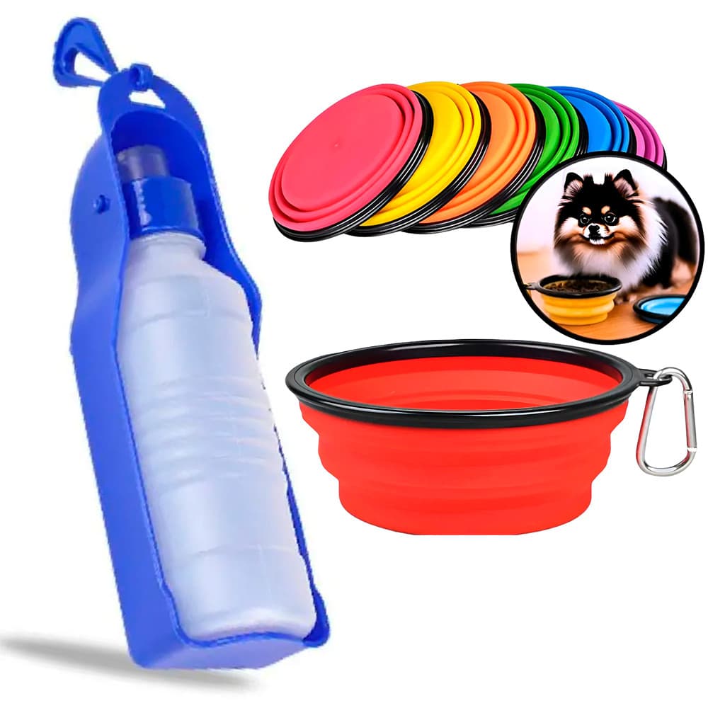 Kit Bebedouro Portátil 250ml + Comedouro Retrátil Silicone Bom Amigo