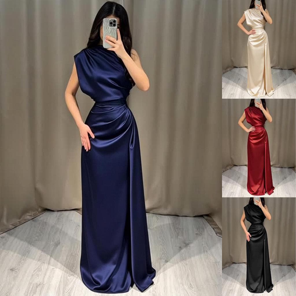 Novo estilo de cetim em torno do pescoço vestido cintura estreita plissado estilo longo temperamento vestido saia