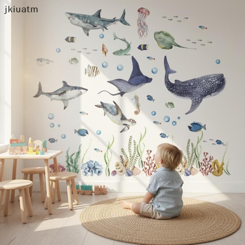 [jkiuatm] Decalques De Parede Tubarão Oceano Aquarela Peixes Marinhos Stiers Removíveis Para Quarto De Bebê Decoração De