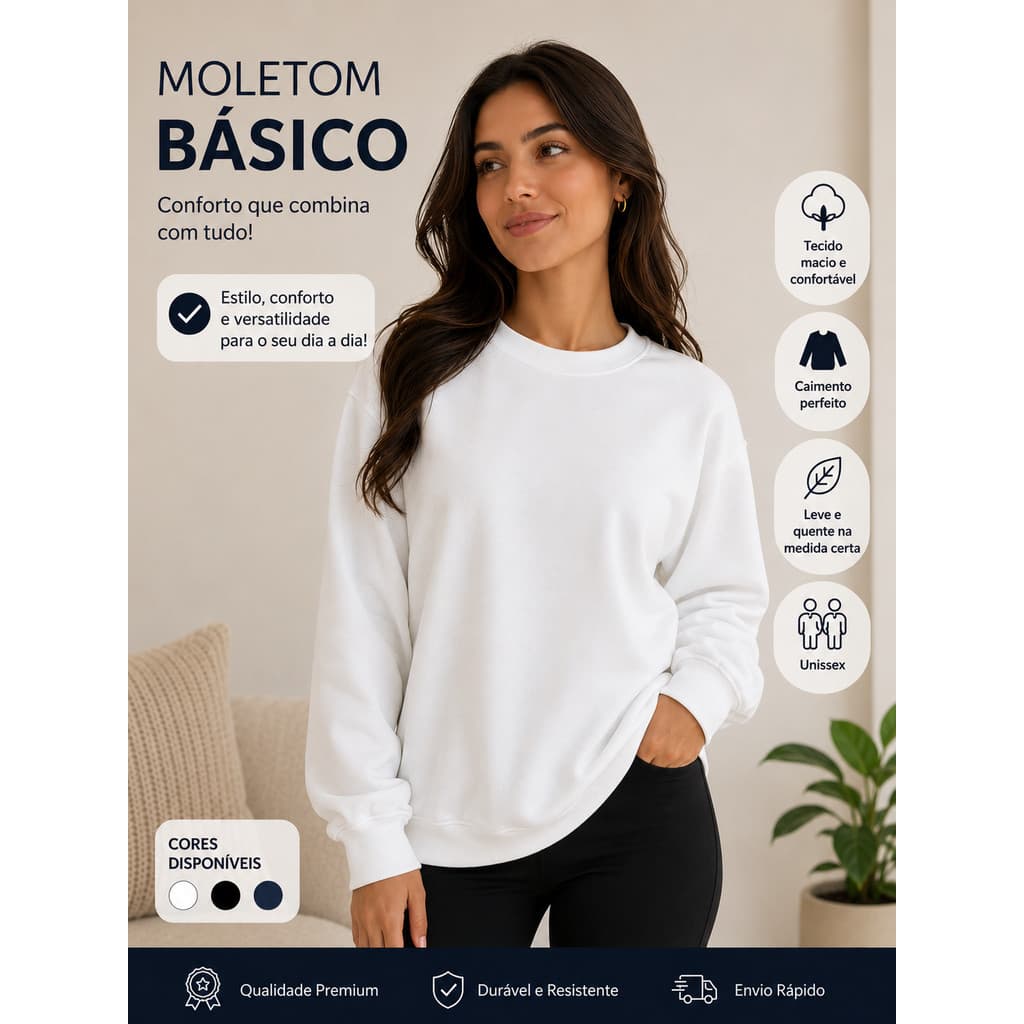 Blusa Feminino De Moletom Branca OFF White Preta Azul Marinho Lisa Algodão Oferta!