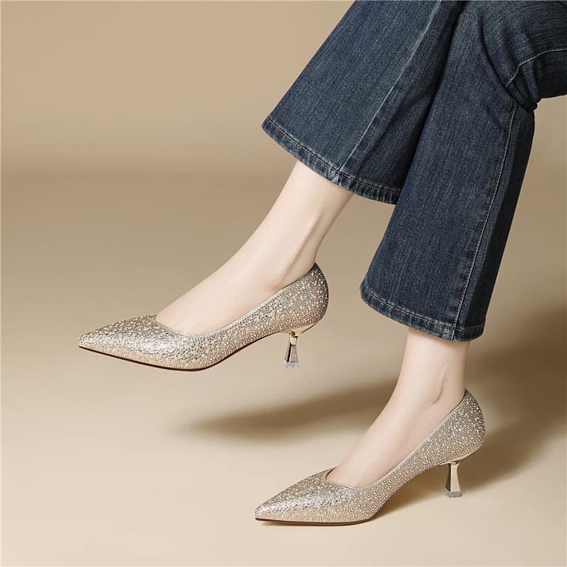 Sapatos femininos de luxo leve aumentando salto Stiletto boca rasa strass Commuter salto alto