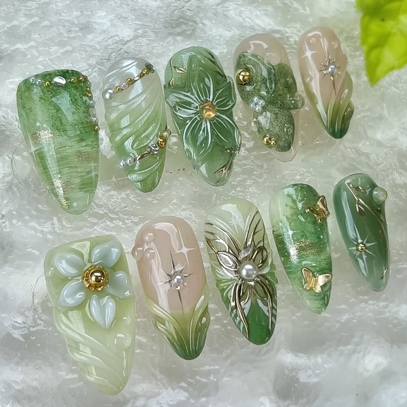 3D Tridimensional Primavera Flor Em Forma de Amêndoa Remendo de Unhas Vestível Comprimento Médio Menta Verde Gradiente D
