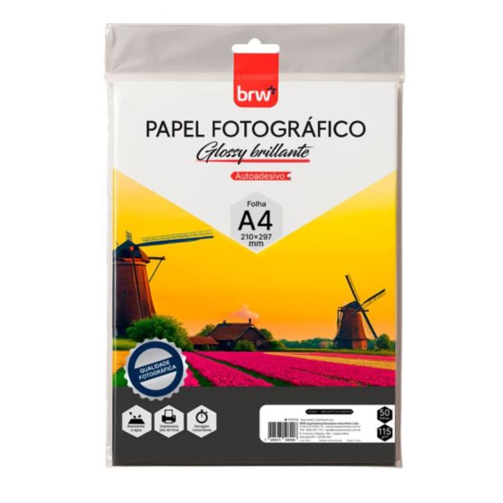 Papel Fotográfico Glossy Adesivo A4 115g BRW Pacote com 50 PP0100