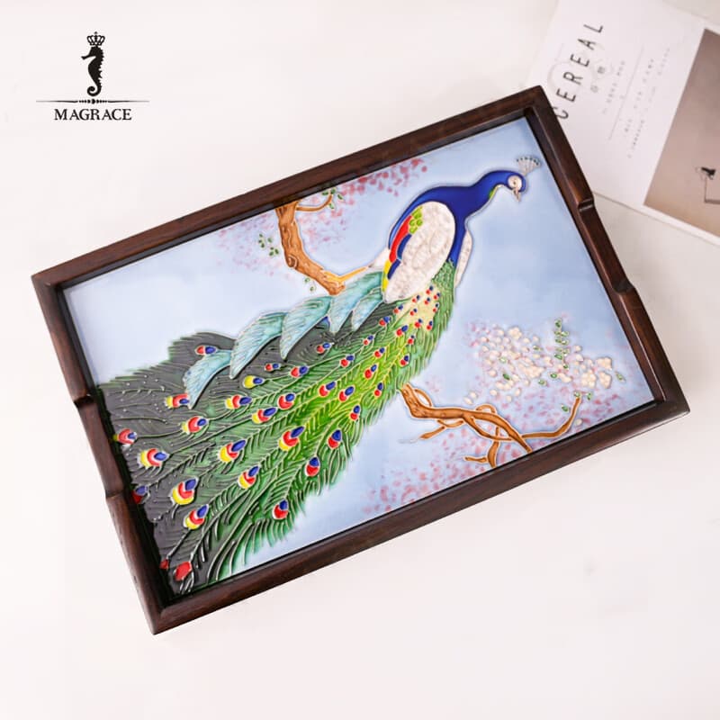 Ma Ruishi Pavão Placa de Porcelana Pintura Bandeja Dupla Face Grande Bandeja de Armazenamento de Elm Enfeites de Decoraç