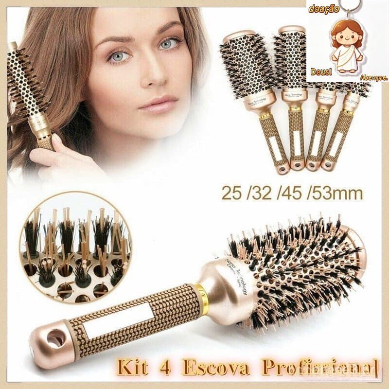 (4 cores) Kit 4 Escova Profissional Redonda De Cerâmica / Anti-Derrapante / Escova De Cabelo Dourada /escova de cabelo