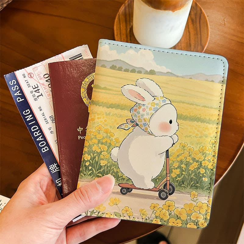Coelho fofo macio primavera flor de estupro porta-passaporte bolsa de documentos capa protetora porta-cartões multifunci