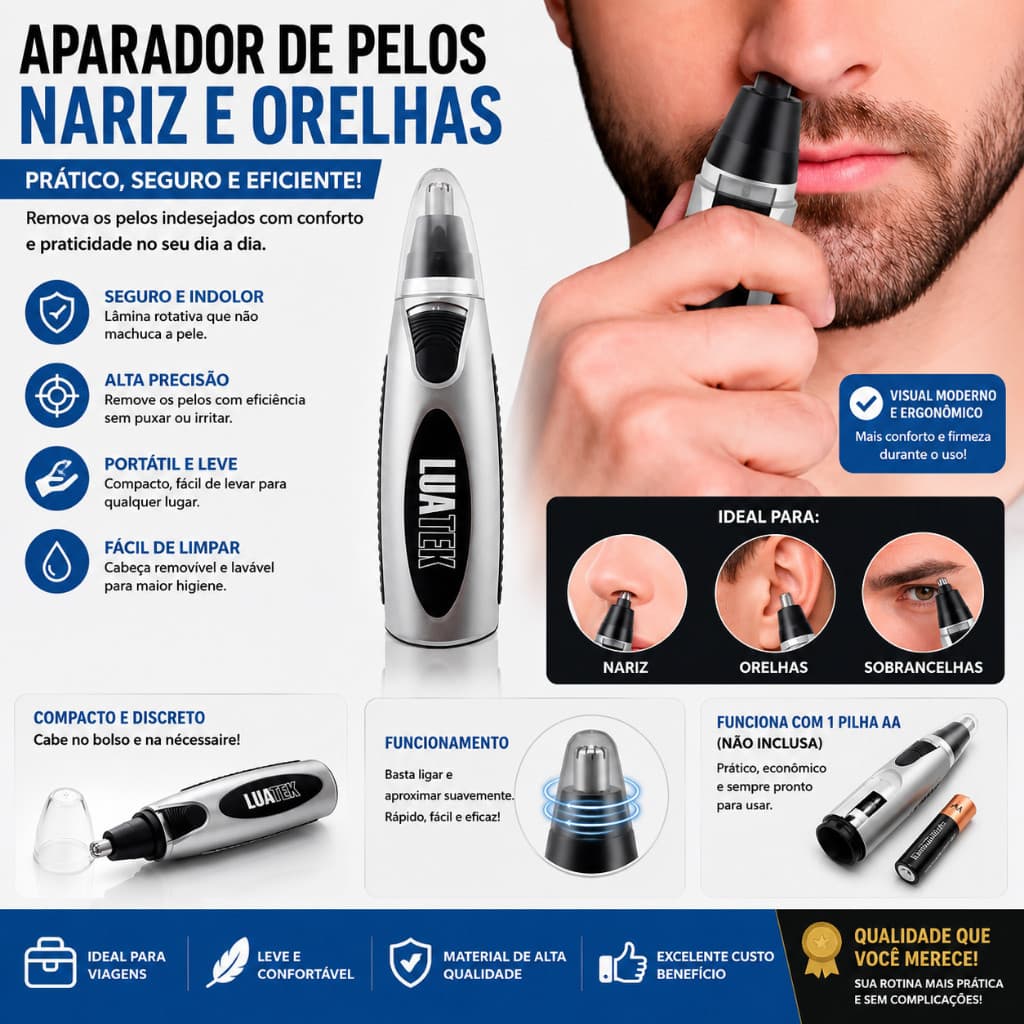 Aparador de Pelos Nariz e Orelhas Portátil Máquina de Cortar Depilador Facial Barba Masculino 🪒