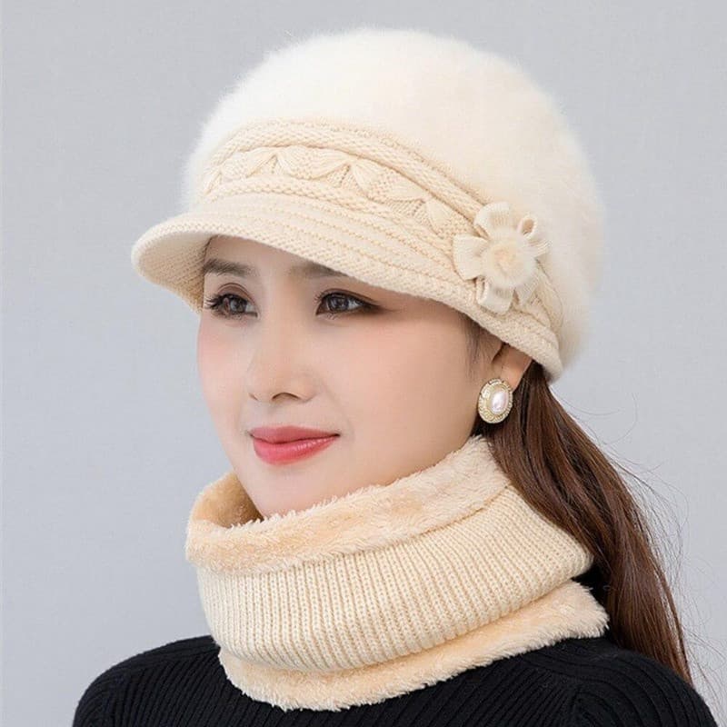 Novo conjunto de gorro de inverno feminino com pele quente e cachecol casual com orelhas de coelho