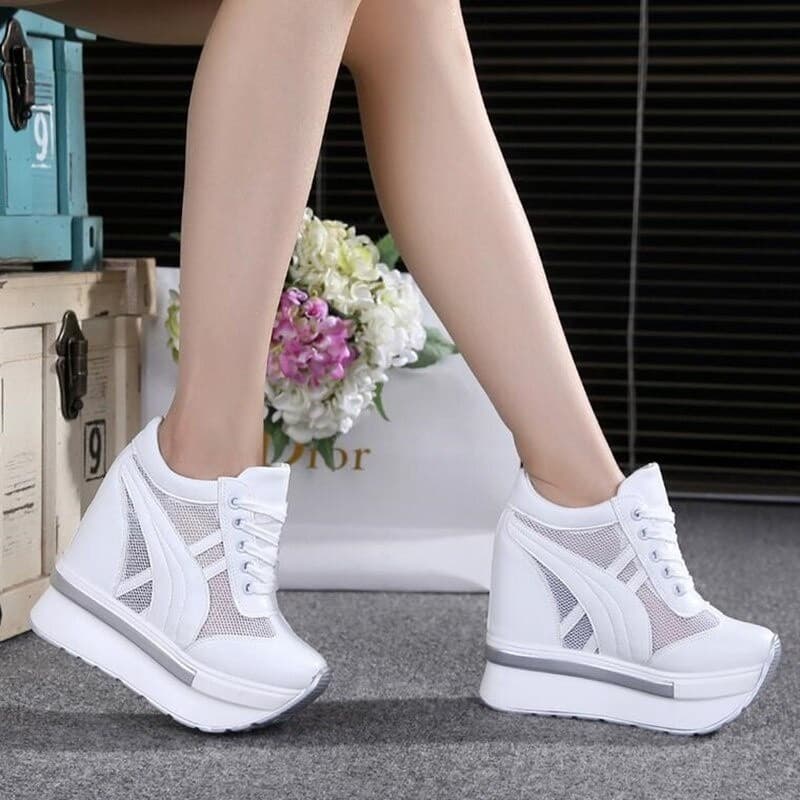 Comemore Novas Mulheres Tênis de Plataforma de Malha Branca de 10cm Solado Alto e Grosso Respirável Sapatos Casuais