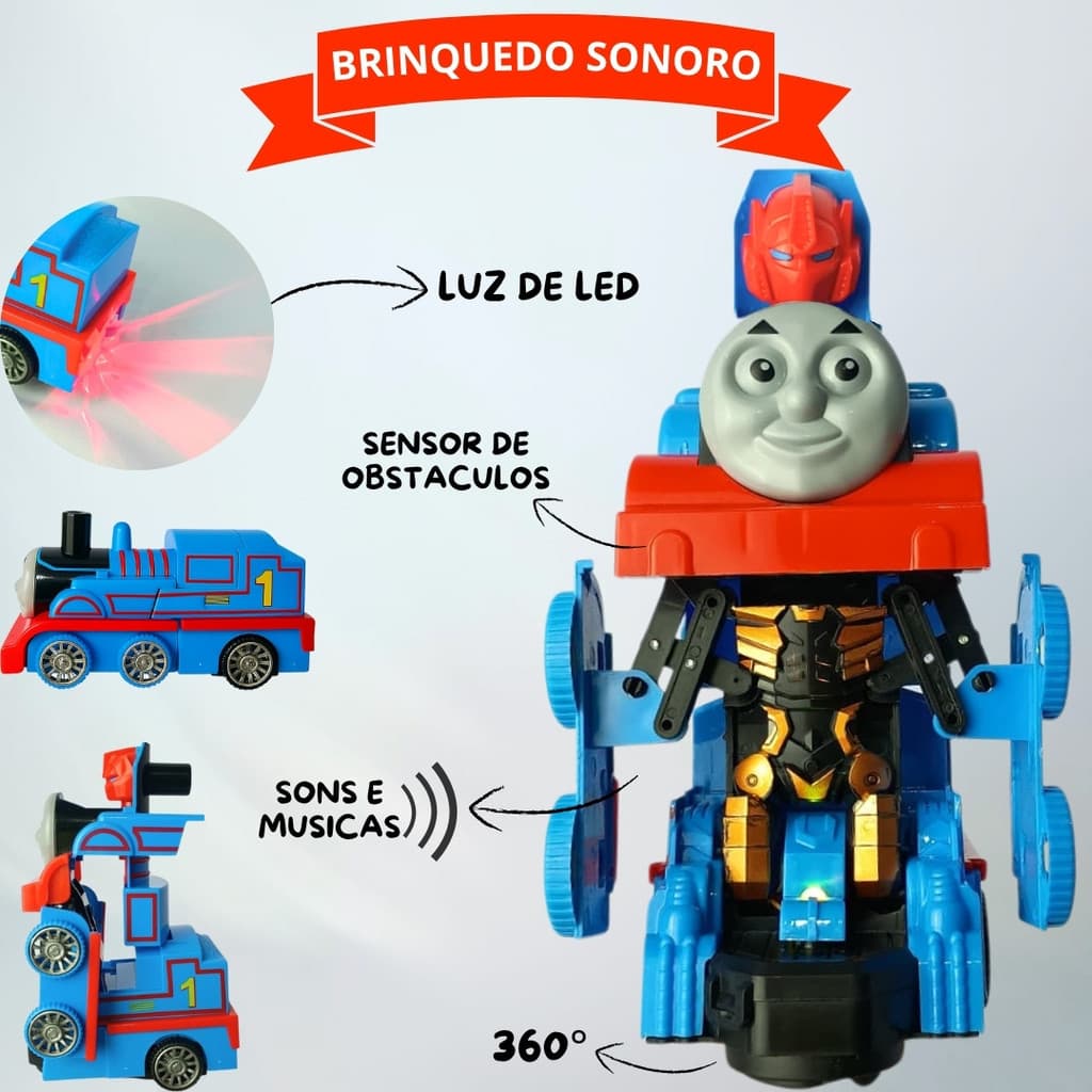 TREM DE BRINQUEDO TOMAS QUE VIRA ROBÔ – COM LUZES LED, SOM, MÚSICAS, SENSOR DE OBSTÁCULOS  GIRO 360°