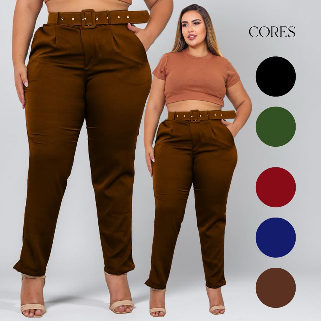Calça Plus Size Alfaiataria Tradicional Com Cinto Trabalho
