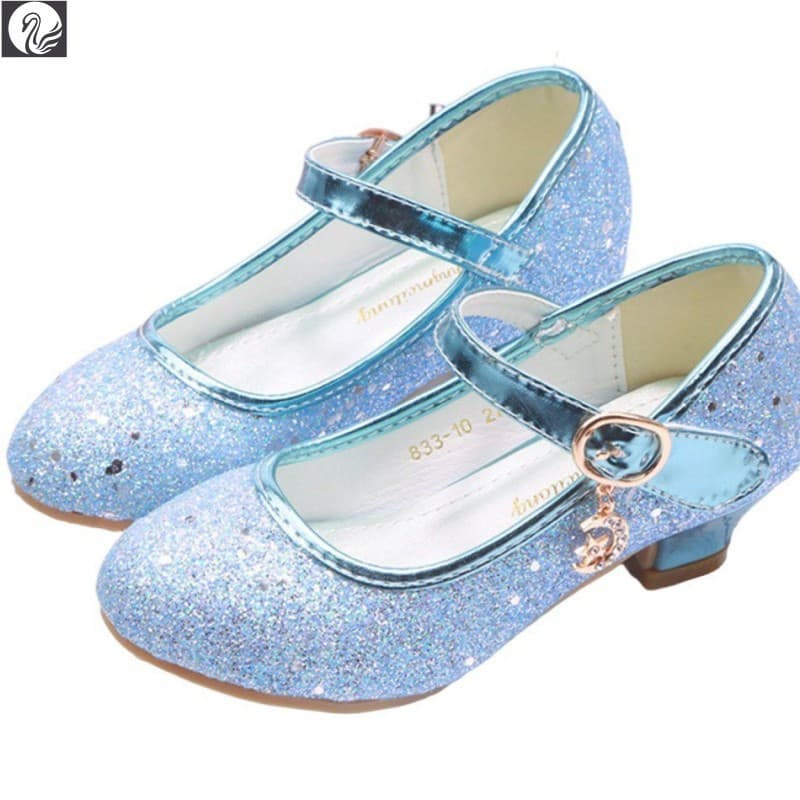 Sapatos de Menina Elsa para Crianças Branco Azul Brilho Salto Baixo Senhora Bomba Cinderela Princesa Festa de Casamento