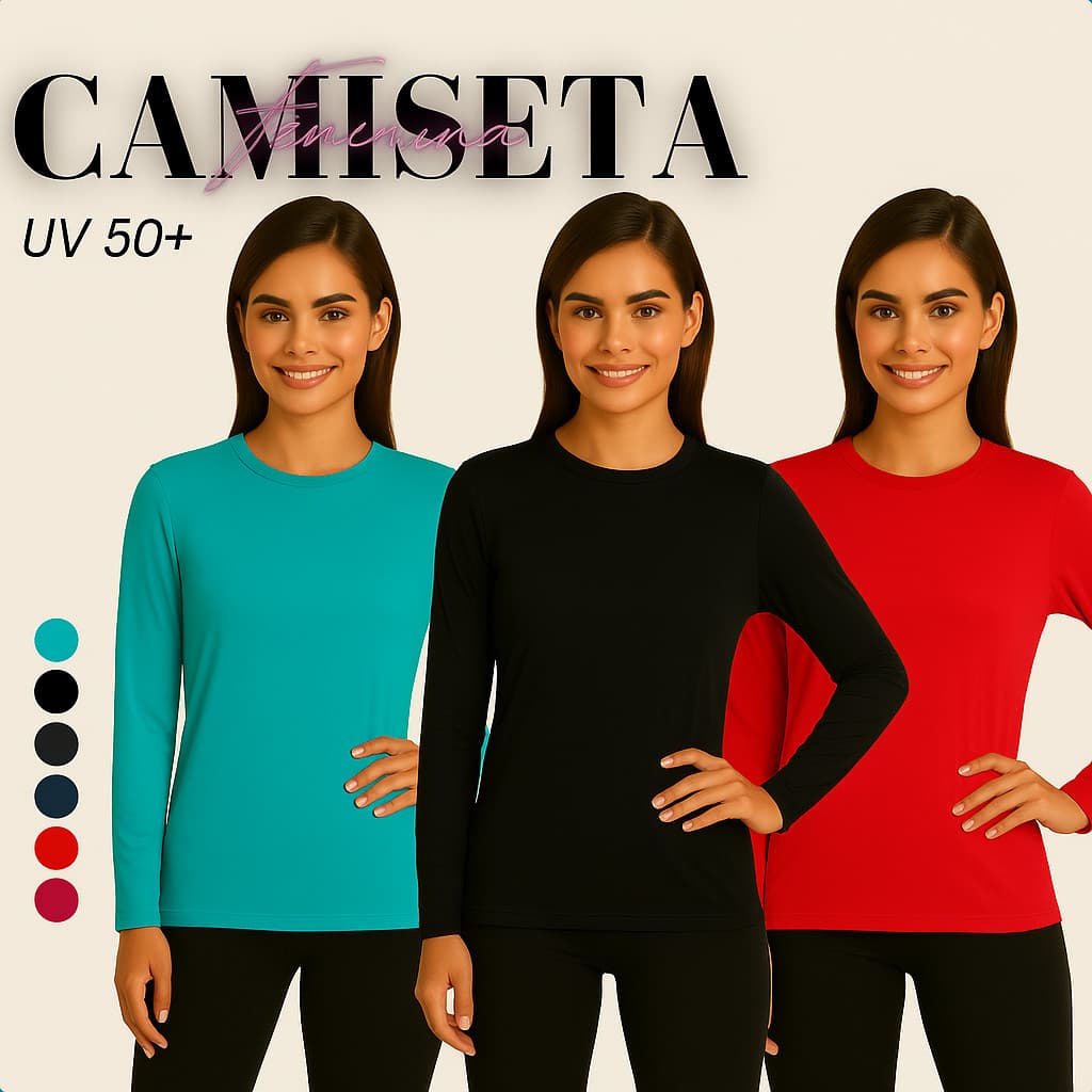 kIT 3 Camisa Térmica Feminina Proteção Uv 50+ Segunda Pele Camiseta Malha Fria Manga Longa UV