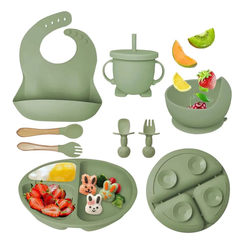 Kit Alimentação Bebê Silicone Prático E Seguro 8 Peças Verde-musgo