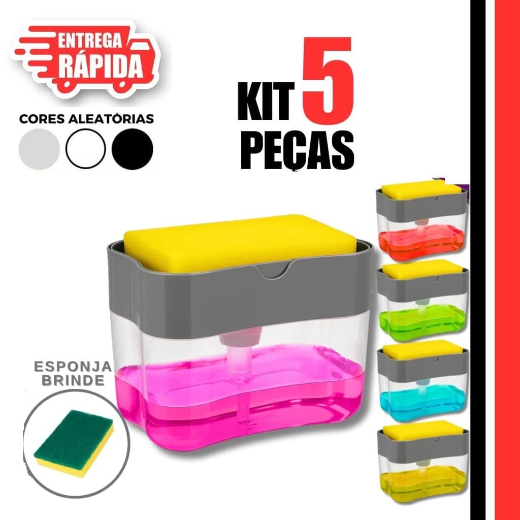 Kit 5/4/3/2/1 Dispenser de Detergente Porta Sabão Líquido com Suporte Para Bucha, Esponja Limpeza de Cozinha
