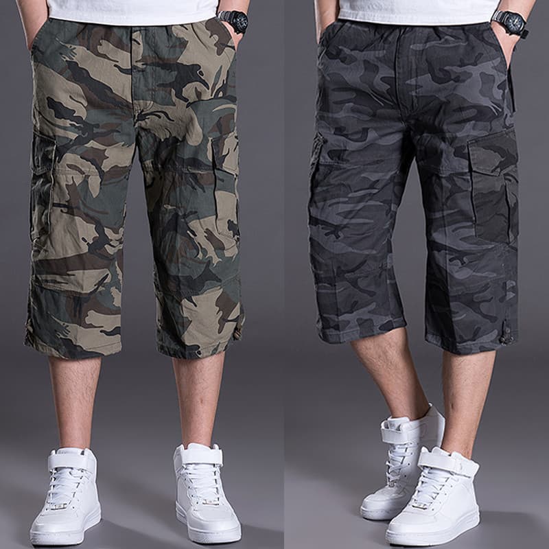 Shorts de verão masculino solto calças cortadas tamanho grande calças camufladas cara gordo calças casuais em linha reta