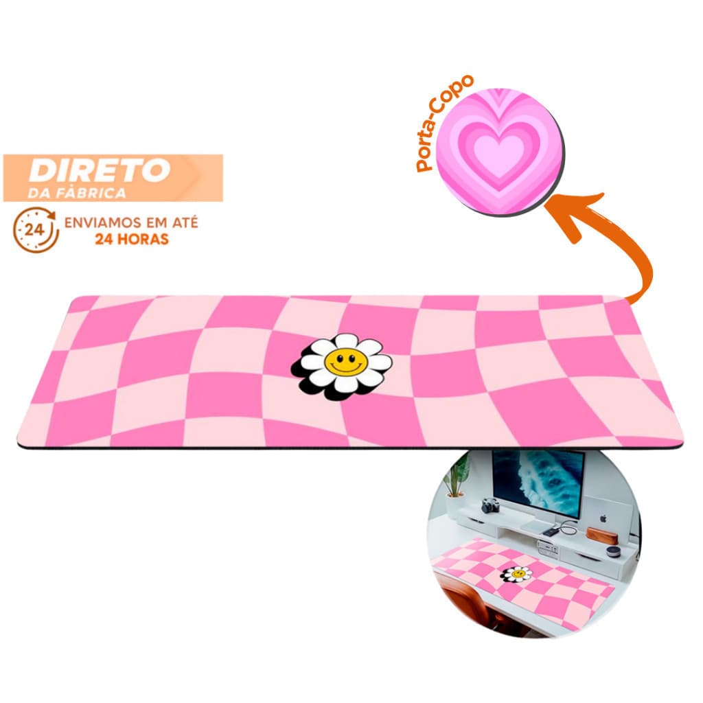 MousePad Grande 80x30 Xadrez Rosa Cute Estampa Feminina Mouse Pad Grande RGB