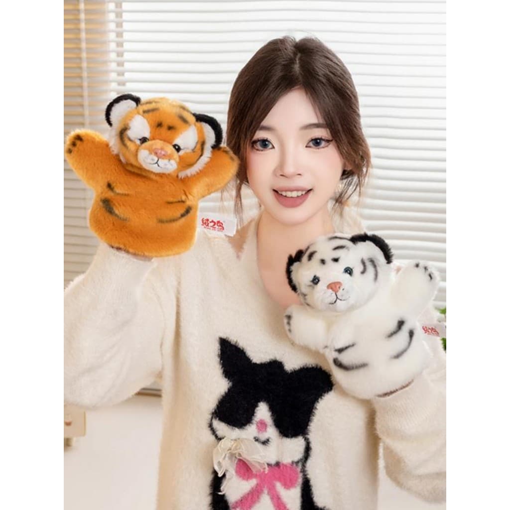 Simulação tigre branco amarelo tigre brinquedo de pelúcia tigre mão fantoche zoológico mesmo estilo luvas boneca criança