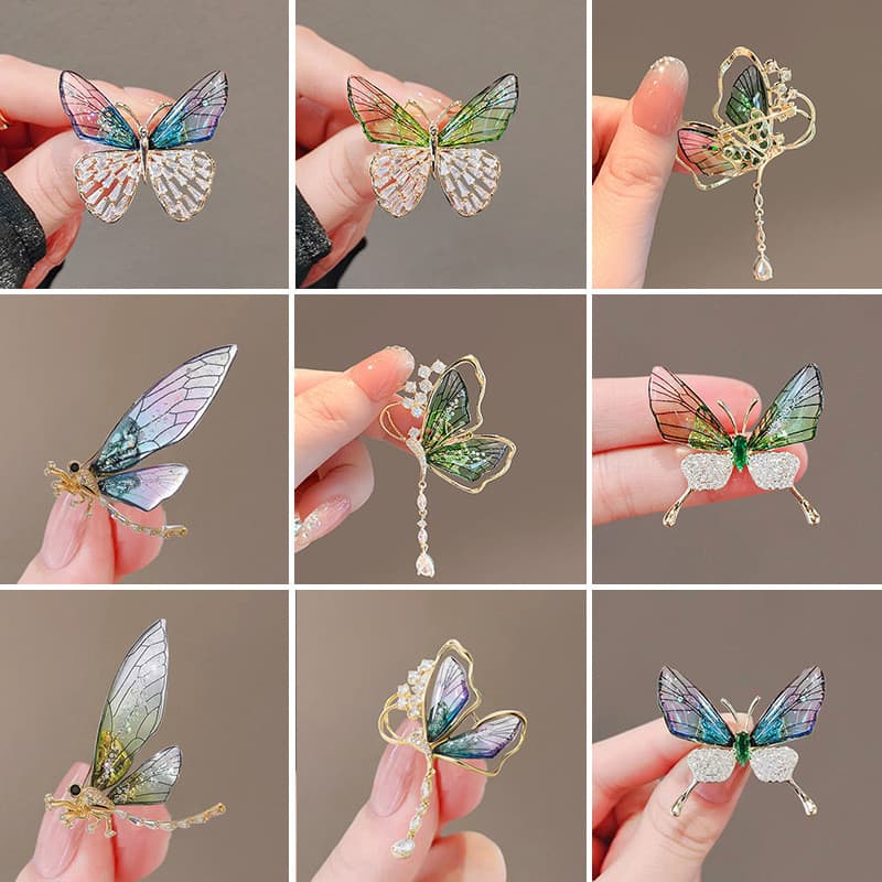 Broche de borboleta esmeralda, broche de alta qualidade, pino de sentido requintado, borla, libélula, broche de Metal, a