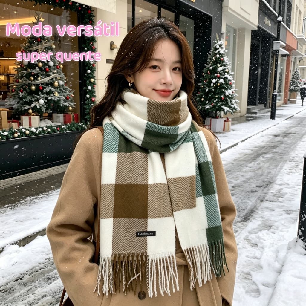 Cachecol Feminino Xadrez Verde e Branco Toque Cashmere Macio Com Franjas - Lenço Inverno Quente e Confortável