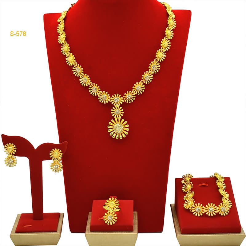 Novas vendas transfronteiriças joias árabes sauditas 24K conjunto banhado a ouro joias em forma de flor colar pulseira b