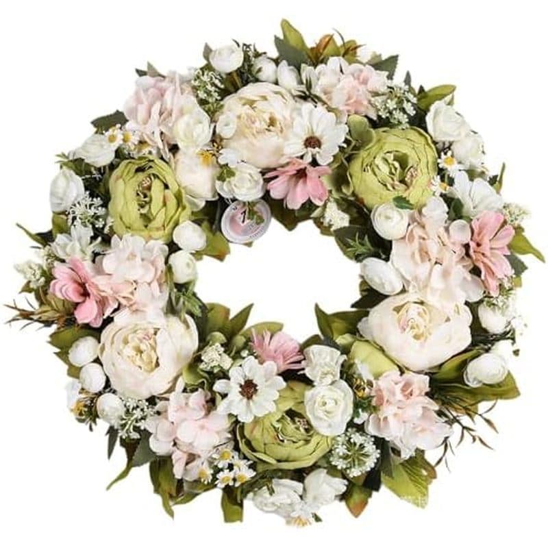 Primavera Verão Verde & amp ; Grinalda De Rosa Peônia Branca-Guirlanda De Flores De Seda Artificial De 14-20 Polegadas ,