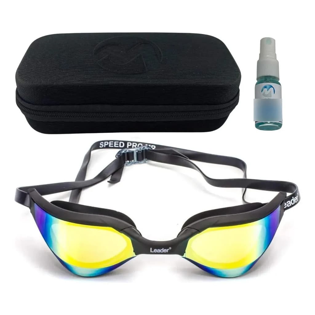 Oculos Natação Leader Speed Pro + Estojo Medinas + Spray AntiFog
