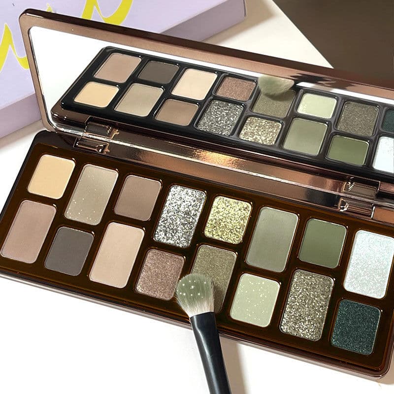 Paleta de sombras de 16 cores verde escuro fumado fosco perolado reparação Blush de alto brilho tudo-em-um multifunciona