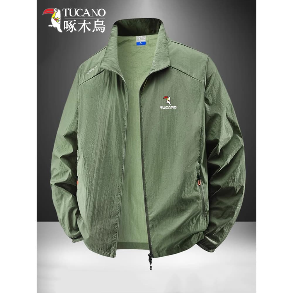 Woodpecker protetor solar roupas jaqueta masculina verão Ultra-fino respirável gola alta esportes ao ar livre seda gelo