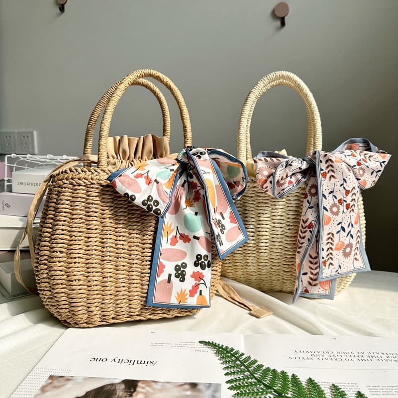 Novo estilo tecido saco de palha japonês bolsa Retro estilo étnico beira-mar férias praia saco balde verão