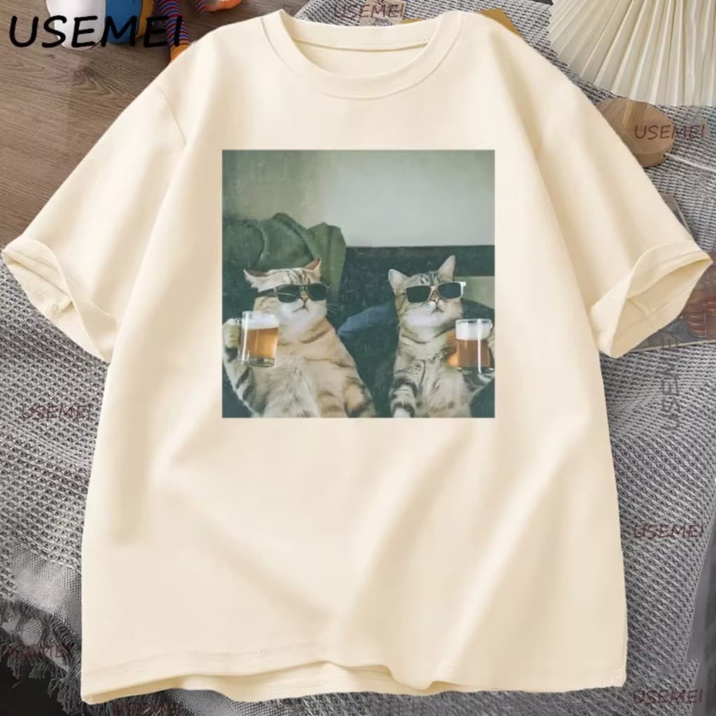 Camiseta Masculina Engraçada Gato Cerveja Estampada Algodão Casual Manga Curta Streetwear Harajuku Divertida