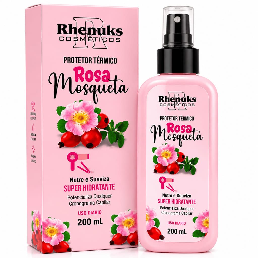 Protetor Térmico Rosa Mosqueta 200ml Rhenuks Cosméticos Super Hidratante Nutrição e Brilho