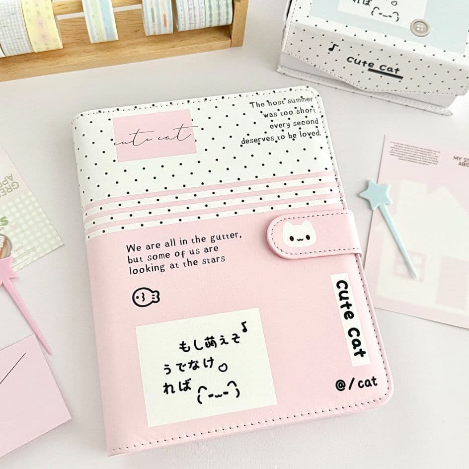[Estoque pronto] Coreano A5 Polka Dot Kitten Notebook de alto valor durável caderno de couro pu caderno de folhas soltas