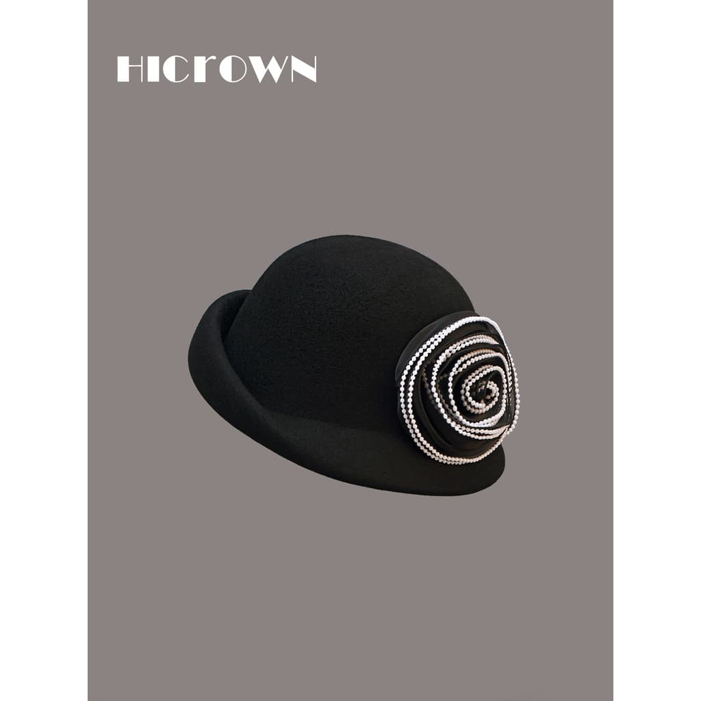 Outono inverno novo estilo filha estilo preto lã Retro boina feminina artesanal flor decoração elegante celebridade chap