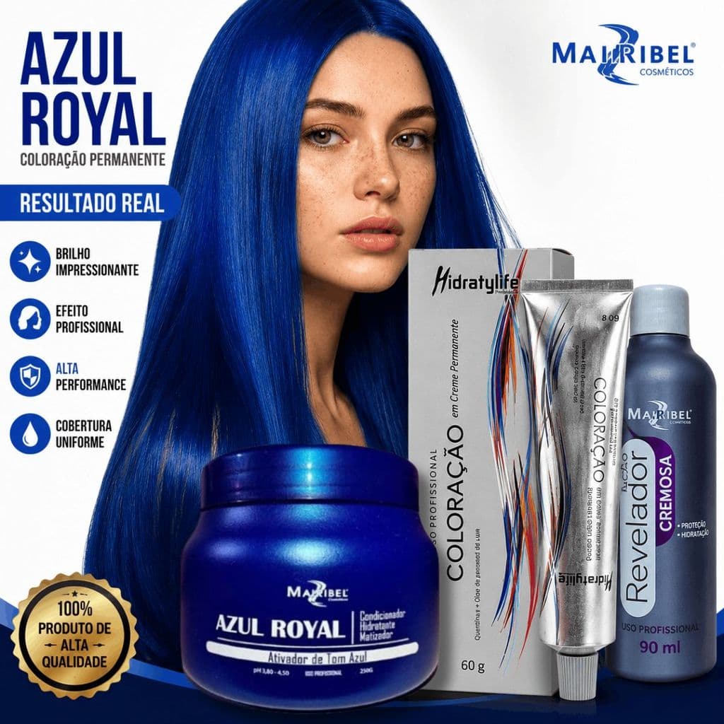Tinta Azul para Cabelo Azul Royal Kit com Tinta OX e Matizador Cor Vibrante Duradoura