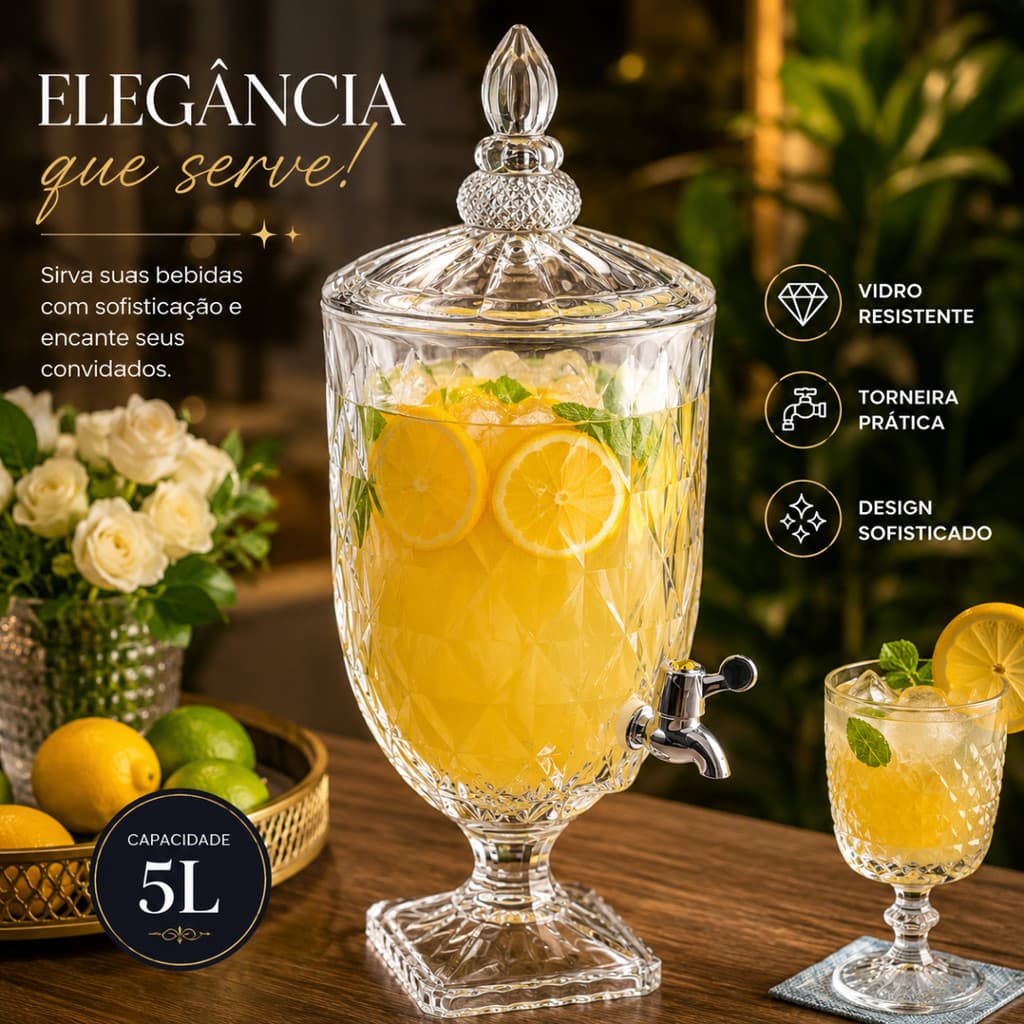 Suqueira de Vidro 5 Litros Jarra De Vidro Cristal Diamante Suporte e Torneira Tampa Água Saborizada