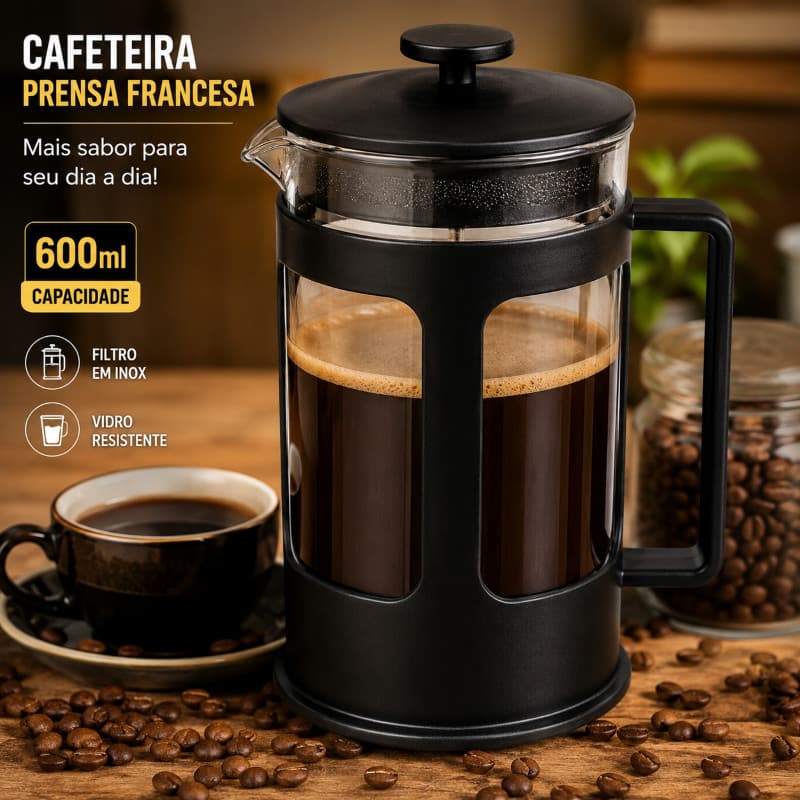 Cafeteira Prensa Francesa 600ml French Press Vidro e Filtro Inox Reutilizável