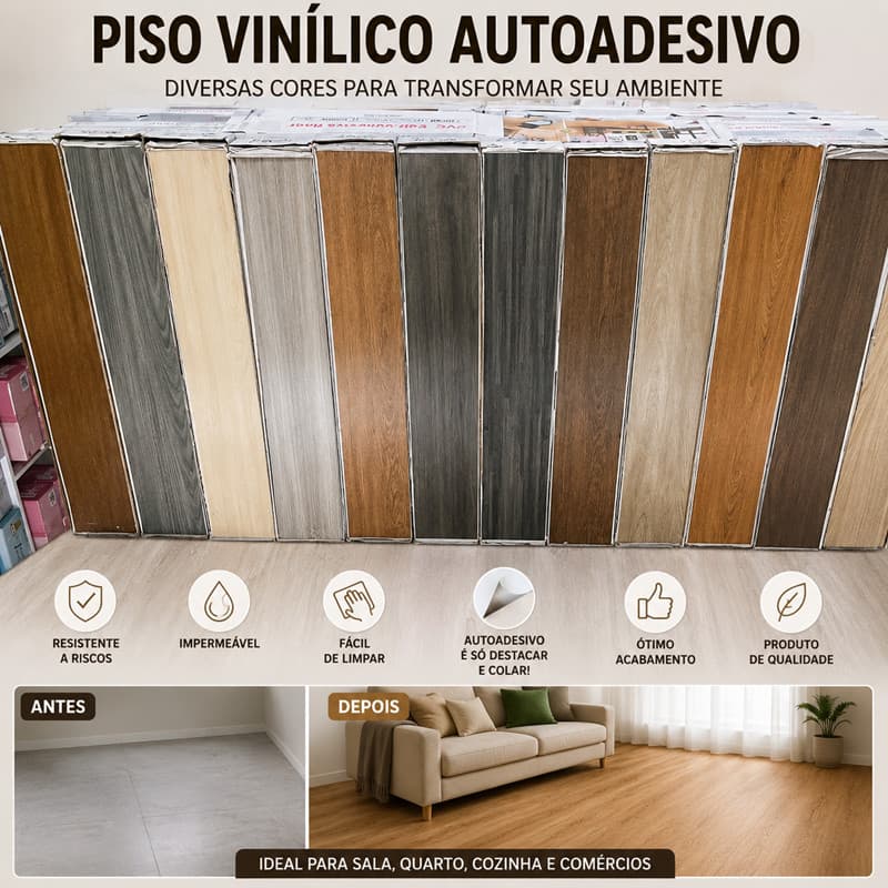 Piso Vinílico Adesivo Madeira Lavável Autocolante 36 Peças 5m² Revestimento Decorativo 91x15cm