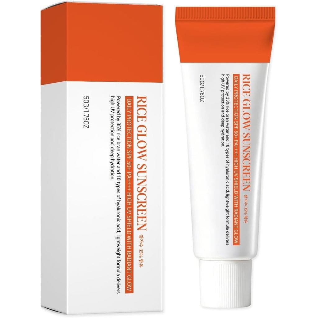Protetor Solar Facial RiceGlow, proteção de amplo espectro SPF50+, acabamento hidratante, sem resíduos, contém água de a