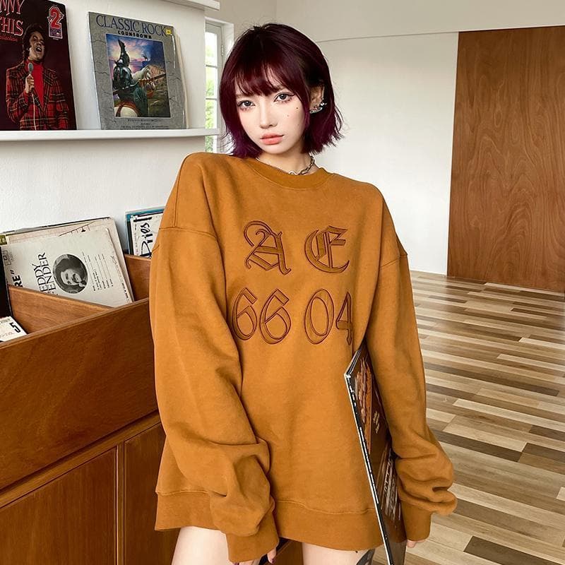 Em torno do pescoço moletom feminino primavera outono estilo fino pulôver americano Retro solto tamanho grande marrom Hi