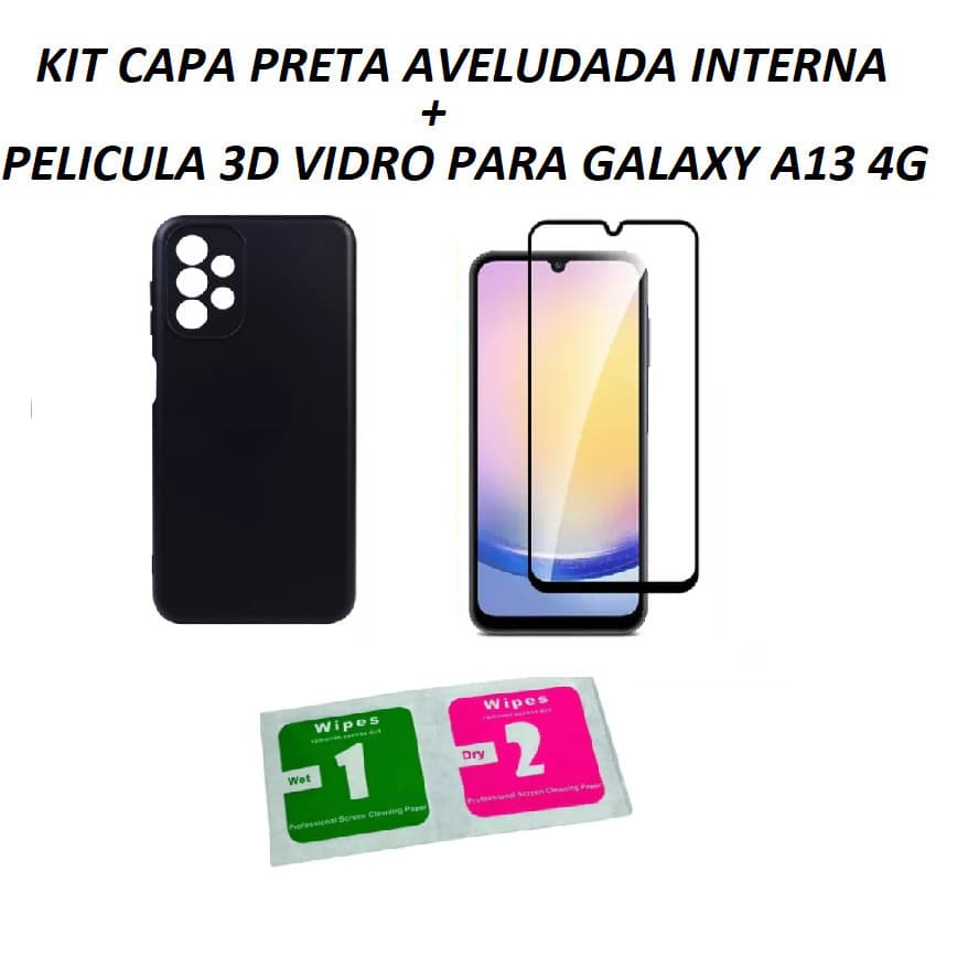 Capa Aveludada Preta e Pelicula 3D para Galaxy A13 4G