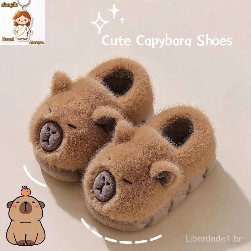 Pantufas de Algodão de Capivara Fofas para Crianças, Inverno, Interior, Antiderrapantes, Sapatos de Sola Macia para Meni