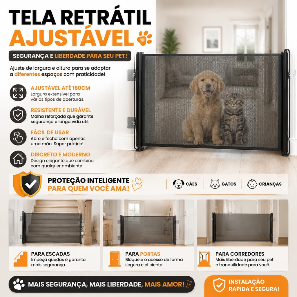 Cerca Separadora Retrátil de Proteção Doméstica Ajustável Anti Pulo Segurança para Crianças Bebês Cachorros e Gatos Pet