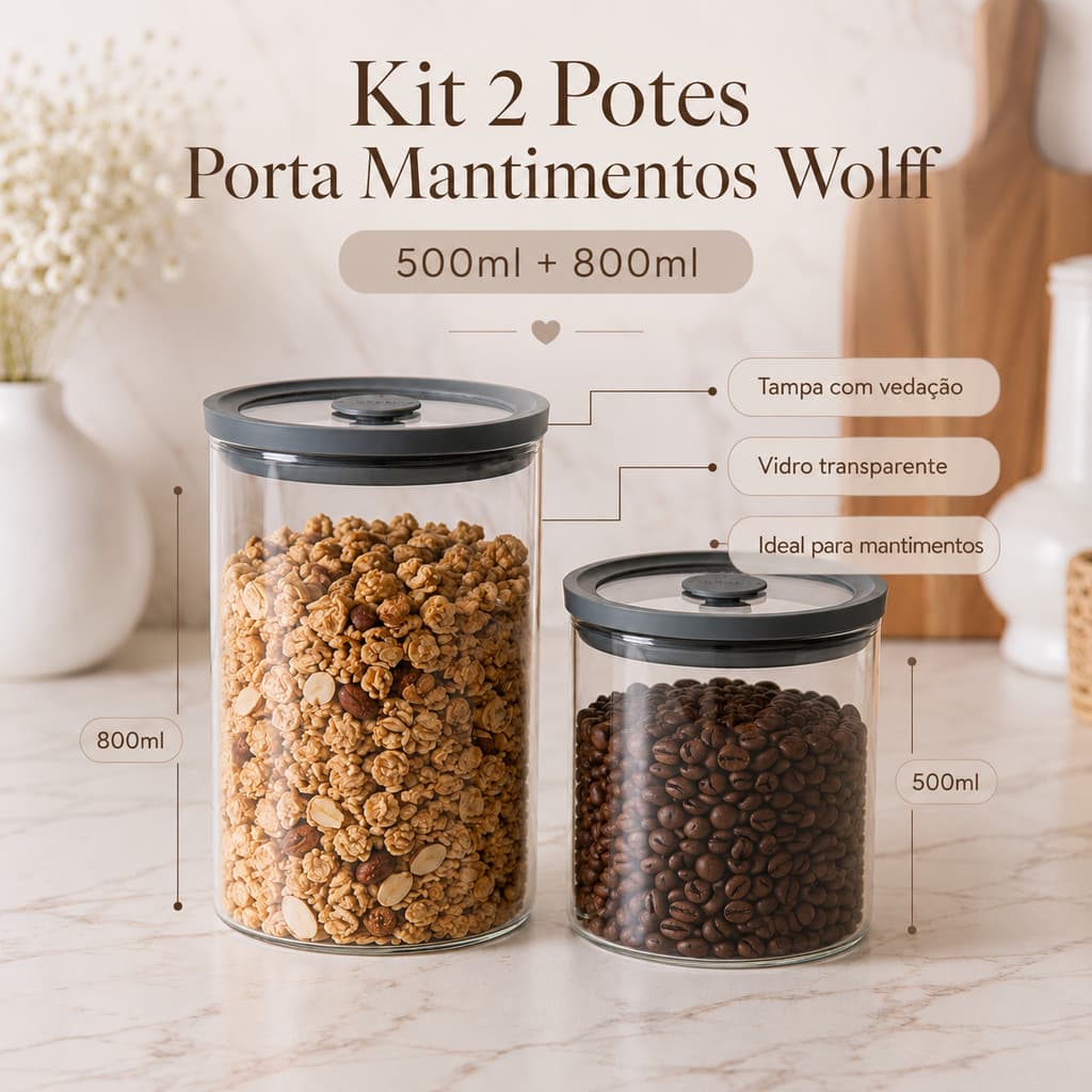 Kit 2 Potes Porta Mantimentos Wolff 500ml 800ml Grande Vidro Veda Bem Cereais Arroz Feijão Transparente Organizador