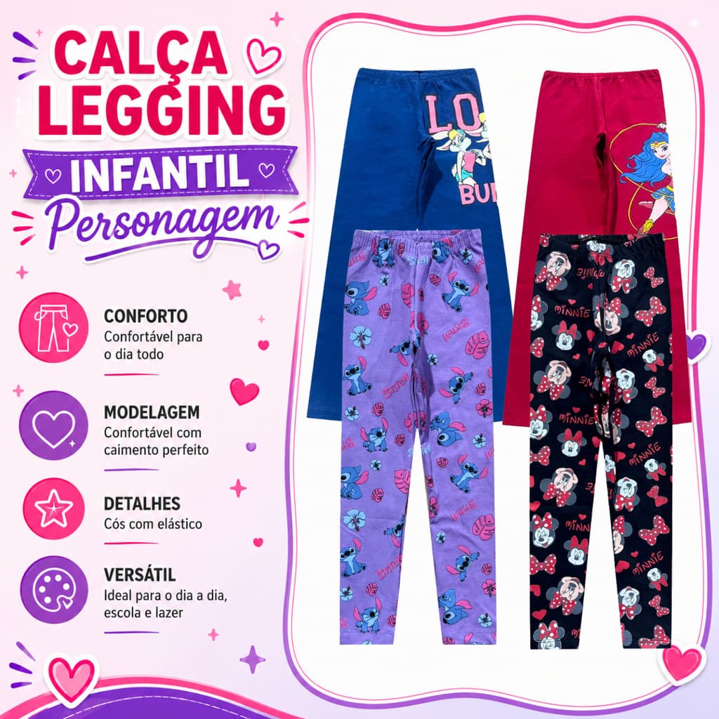 Kit 3 Calças Legging Estampas Personagem Cotton Infantil Miniprint e Lisa Minnie Stich Marrie
