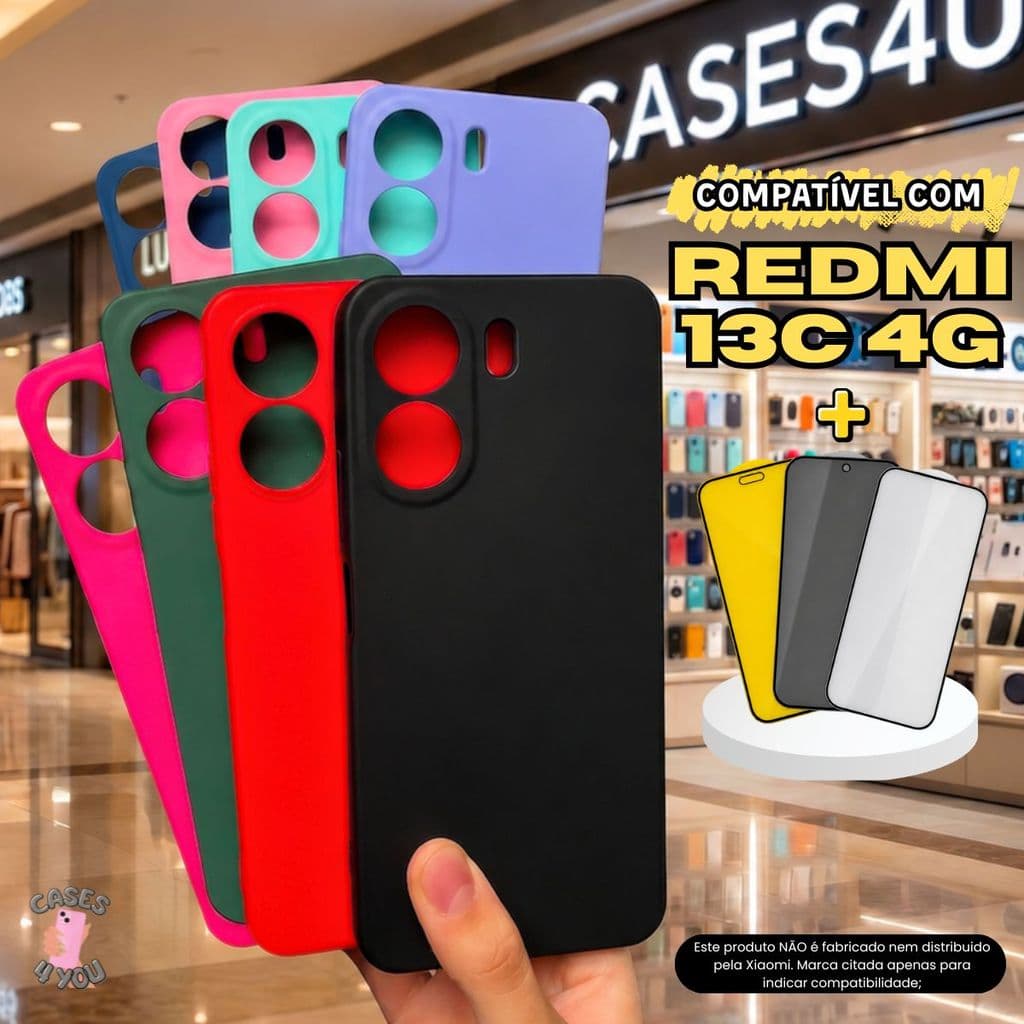 Capa Compatível com Redmi 13C 4G Capinha + Película 3D Cerâmica Privacidade Câmera