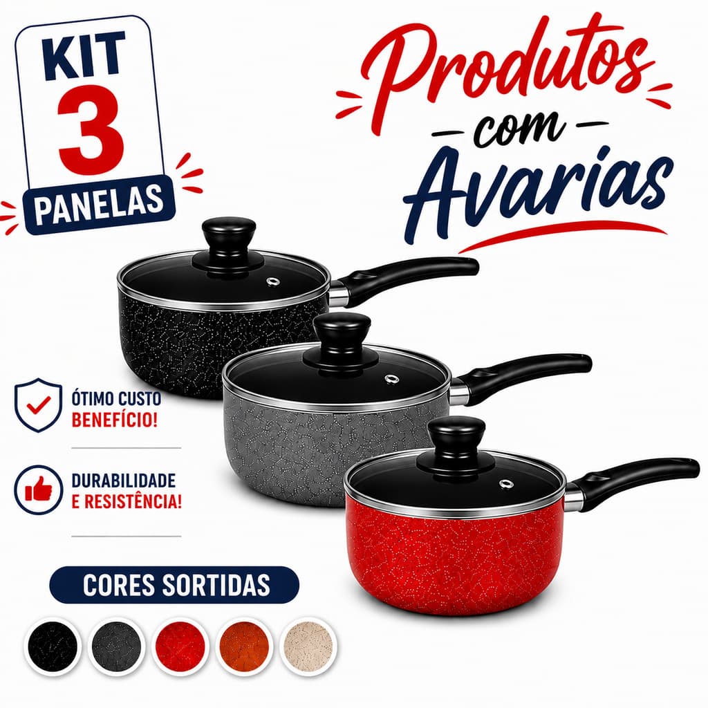 Kit 3 Panelas Caçarolas Antiaderente Teflon Pequenas Avarias- Cores Sortidas