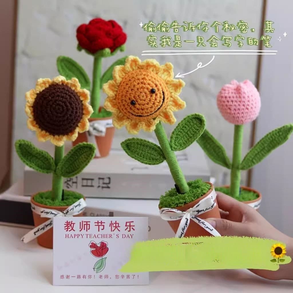 Pacote de 2 peças - Tricô de lã Enfeites de plantas em vasos pequenos Tricô à mão Flores de lã Flor Caneta de Gel Buquê